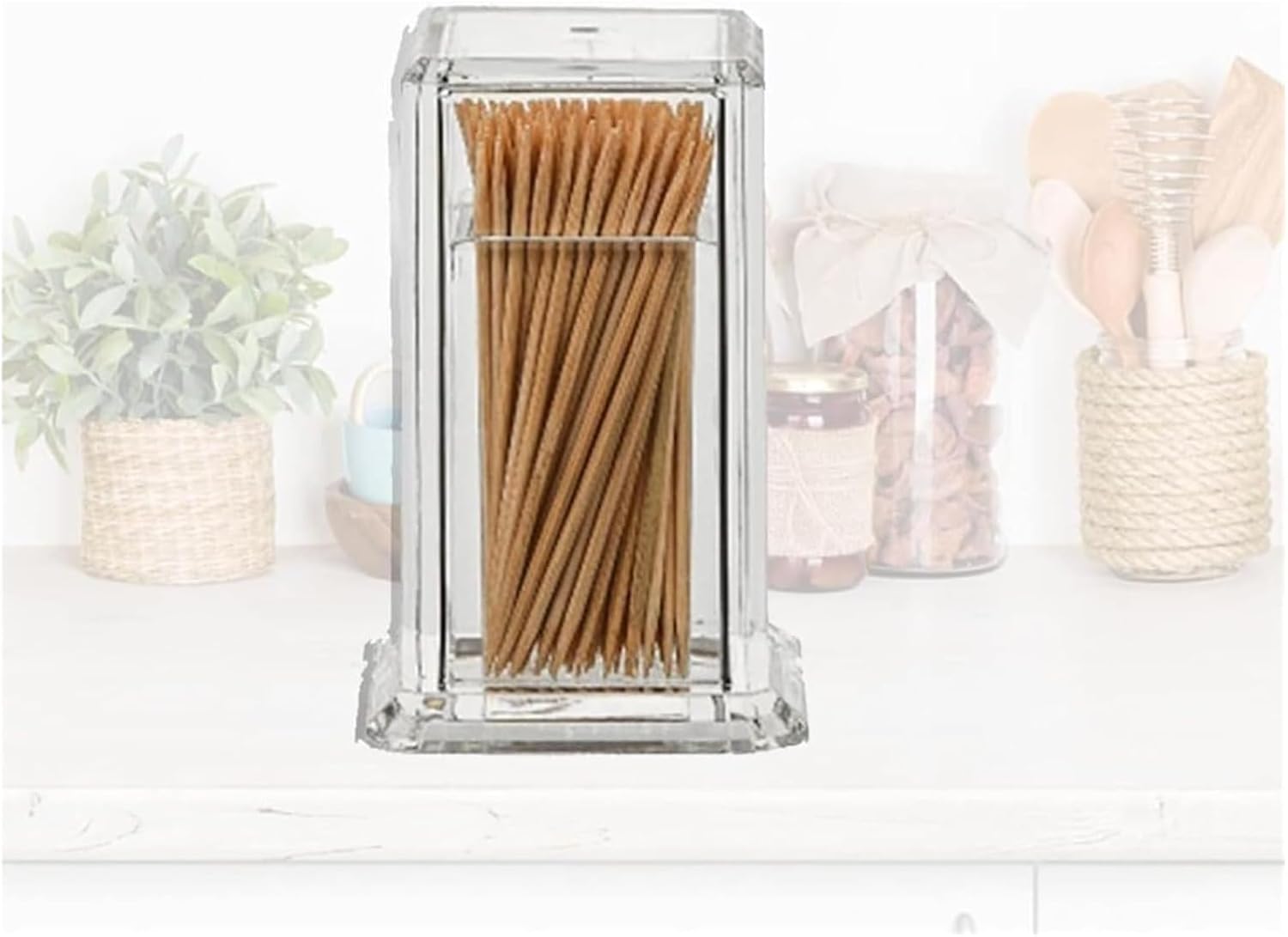 Toothpick Holder, Dispenser Creative Storage Portable Acrylic Bottle Square Shape Transparent Box Home Kitchen Gadgets