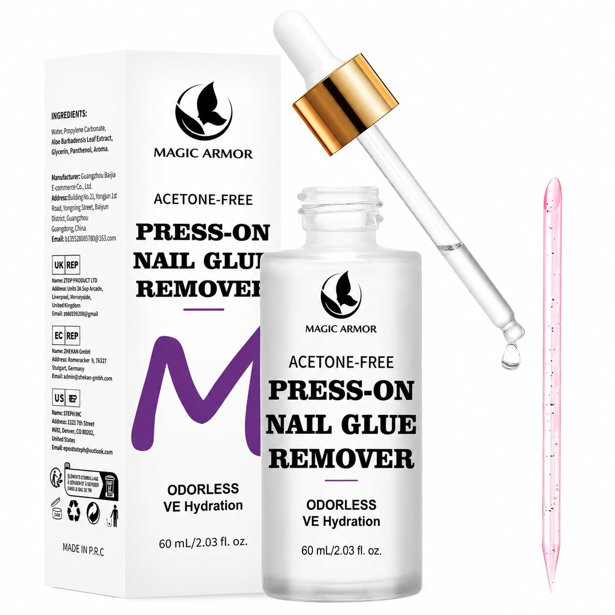 MAGIC ARMOR Rimozione colla per unghia 60 ml, senza acetone, delicato ed efficace per unghie finte, rimozione veloce e inodore