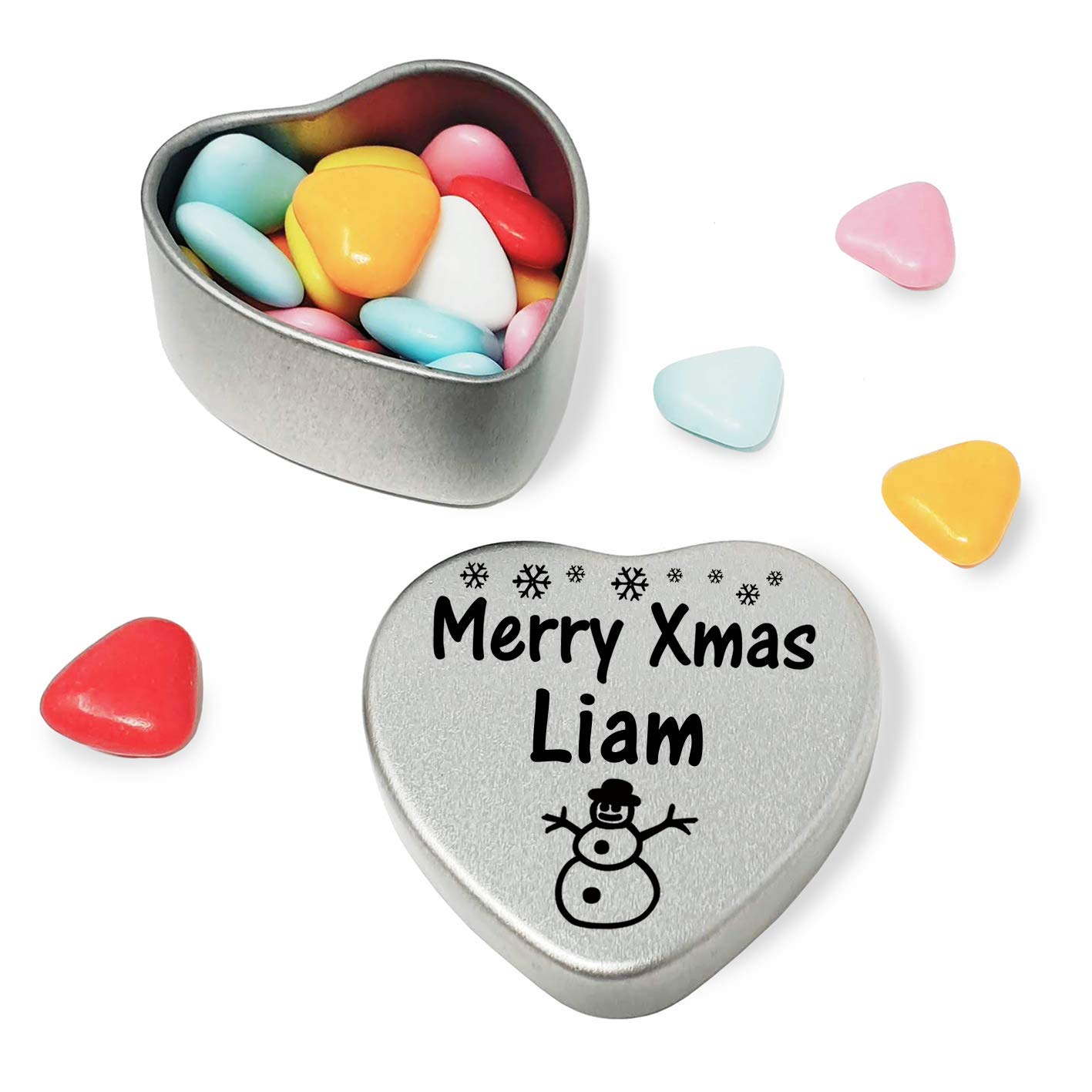 Merry Xmas Liam Heart Shaped Mini Tin Gift filled with mini coloured chocolates perfect christmas present card alternative for Liam Fun Festive Snowman Design