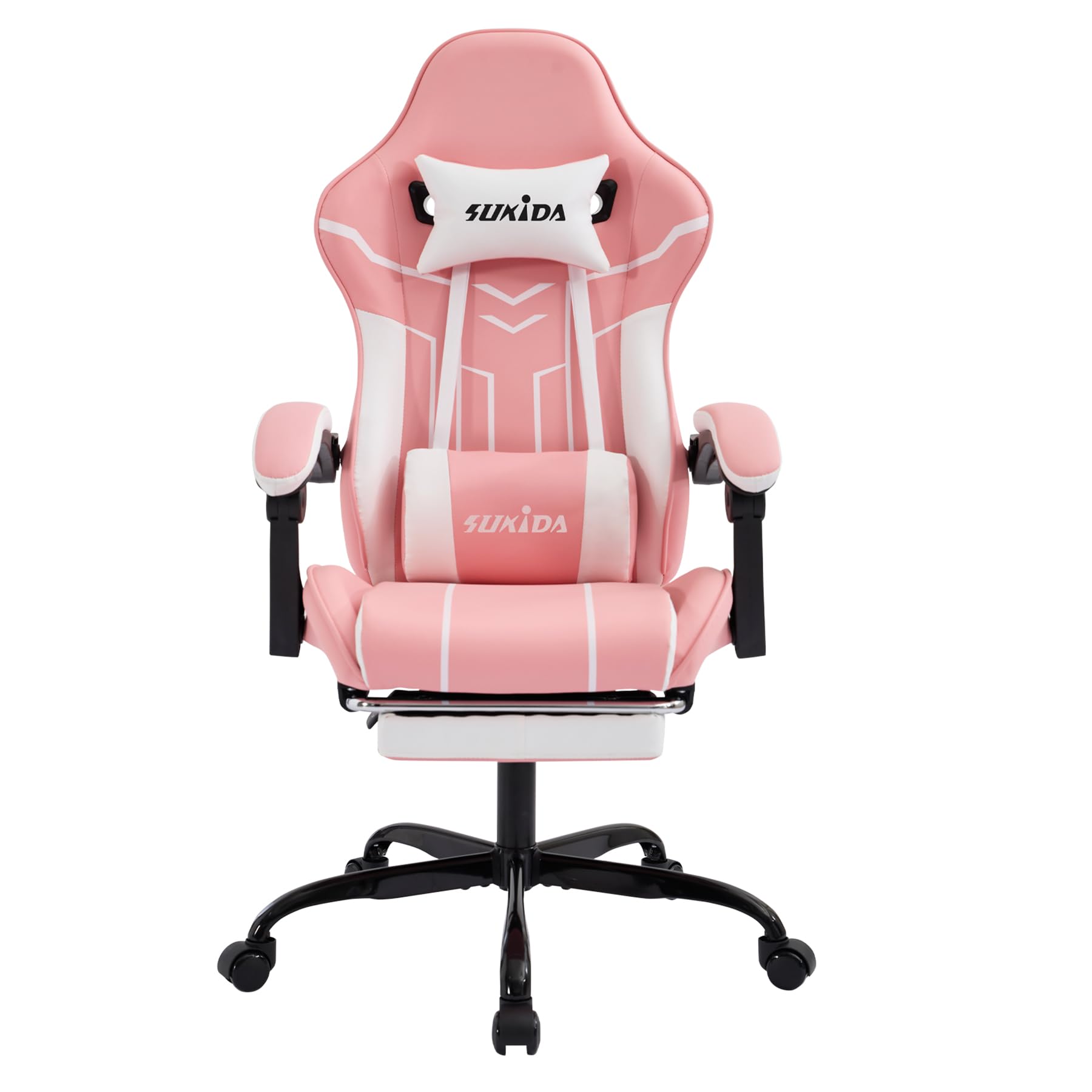 SUKIDA Silla de ordenador ergonómica para videojuegos con reposapiés, silla de oficina, silla ergonómica para ordenador con soporte lumbar, color rosa y blanco