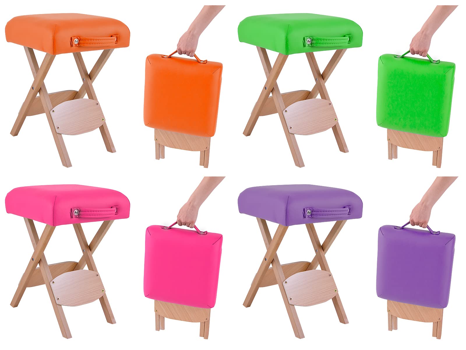 QUIRUMED Taburete Plegable de Madera con Asiento, Tapizado en Color Azul, Multiusos, Mesa Auxiliar, Reposapiés, Polipiel, Transportable, hasta 100 kg, 33 x 33 x 48