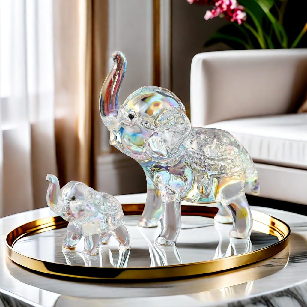 Crystal Elephant Mother and Child Statue Decor, 2PCS Glass Art Animals Collectible, Crystal Home Decor, Gifts for Women and Children