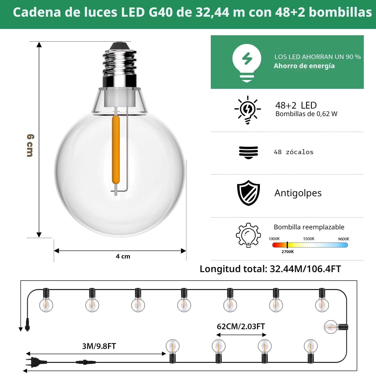 Guirnaldas Luces Exterior G40 32,44 M/106,4 FT Blanco Cálido 2700 K | Guirnaldas Luces Exterior Enchufables LED con 48+2 Bombillas, Impermeable, Estable, Adecuada para Jardín Patio Cafe Boda Fies