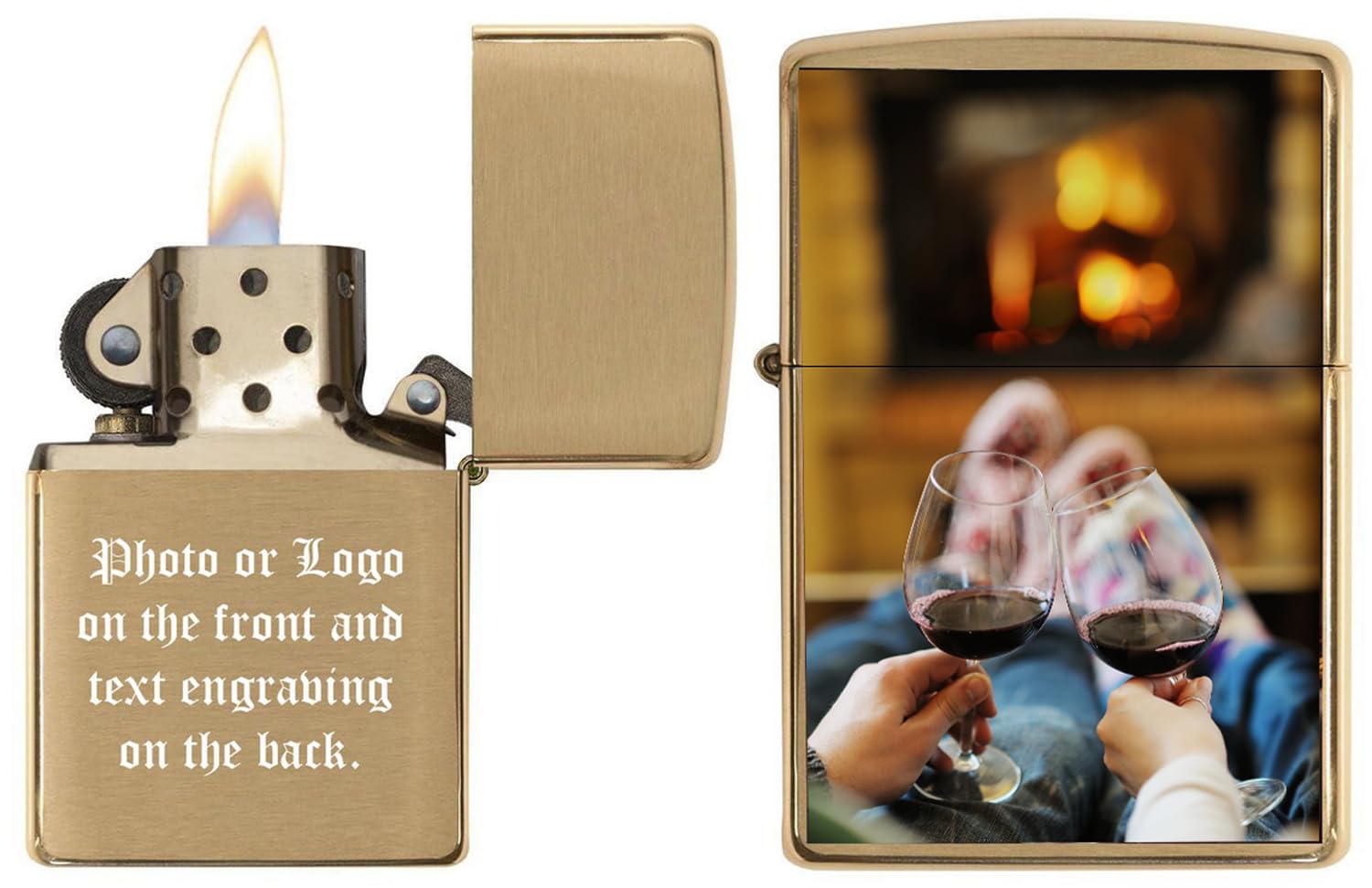 Custom Personalized Zippo Photo, Logo, Image and Engraving on The Back Windproof Lighter - Christmas, Halloween & Valentines Day Gift (Gold)