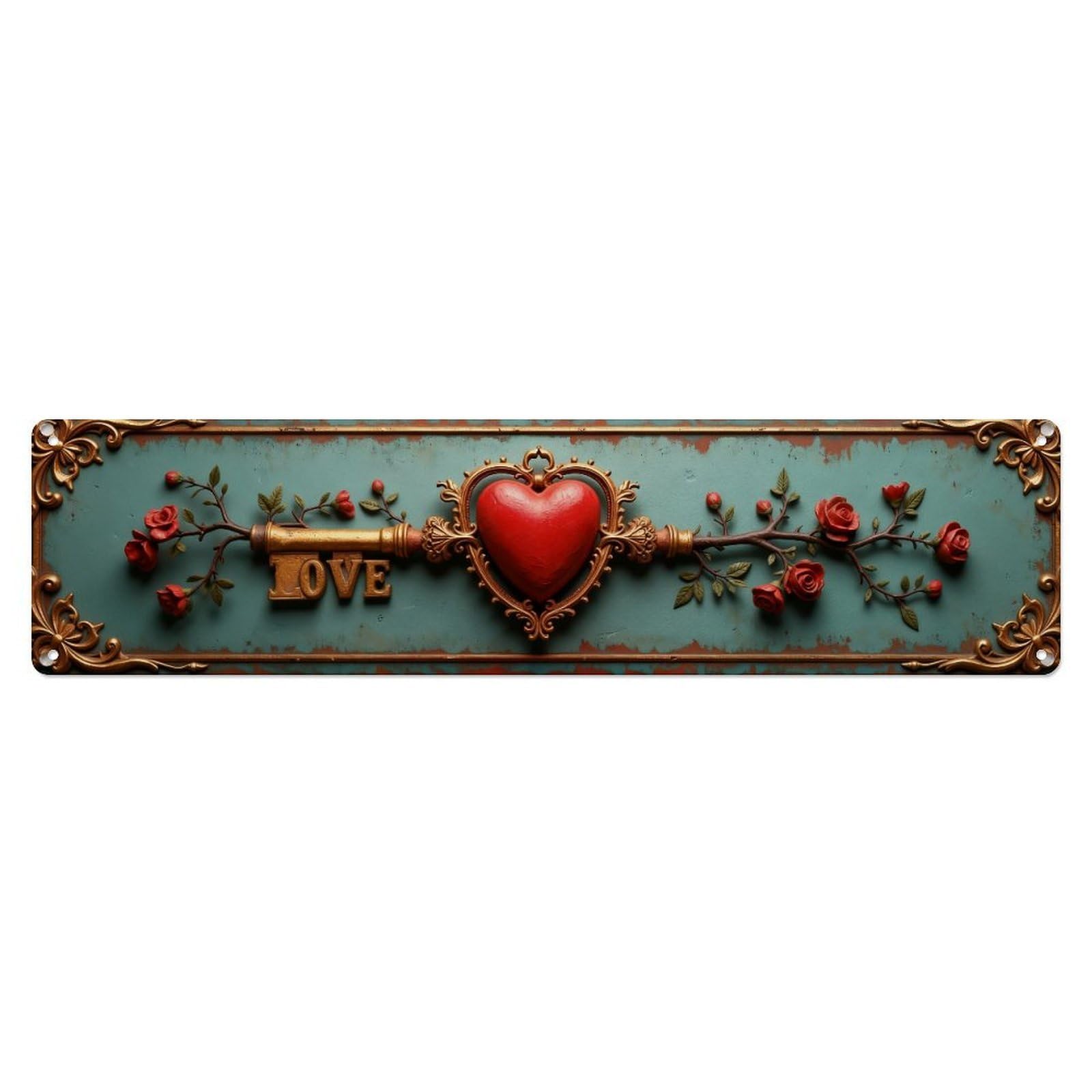 Heart Key Floral Vintage Metal Tin Sign Plaque