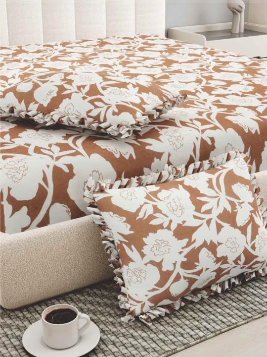 Image of King Size Fitted Bedsheet for Double Bed | 300 TC Cotton Feel Microfiber | All Around Elastic with 2 Frill Pillow Covers | Soft & Durable | (BrownFloralFrill, Fitted - Double72x72)
