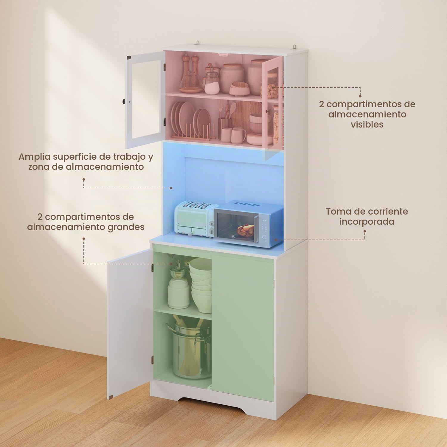 Xbro Armario de Cocina 180cm con Regleta y Tira de Luces LED y Encimera, Mueble Auxiliar de Cocina para Cocina, Comedor, Salón 73 x 40 x 180 cm, Blanco