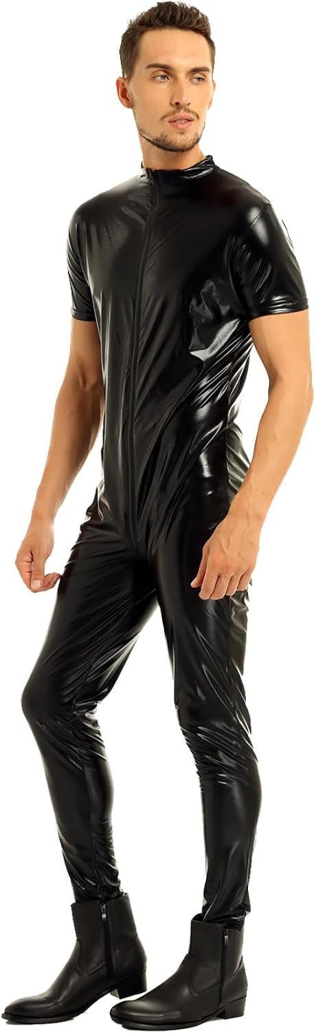 Men's Stretchy Faux Leather Short Sleeves Zipper Crotch Full Body Leotard Bodysuit