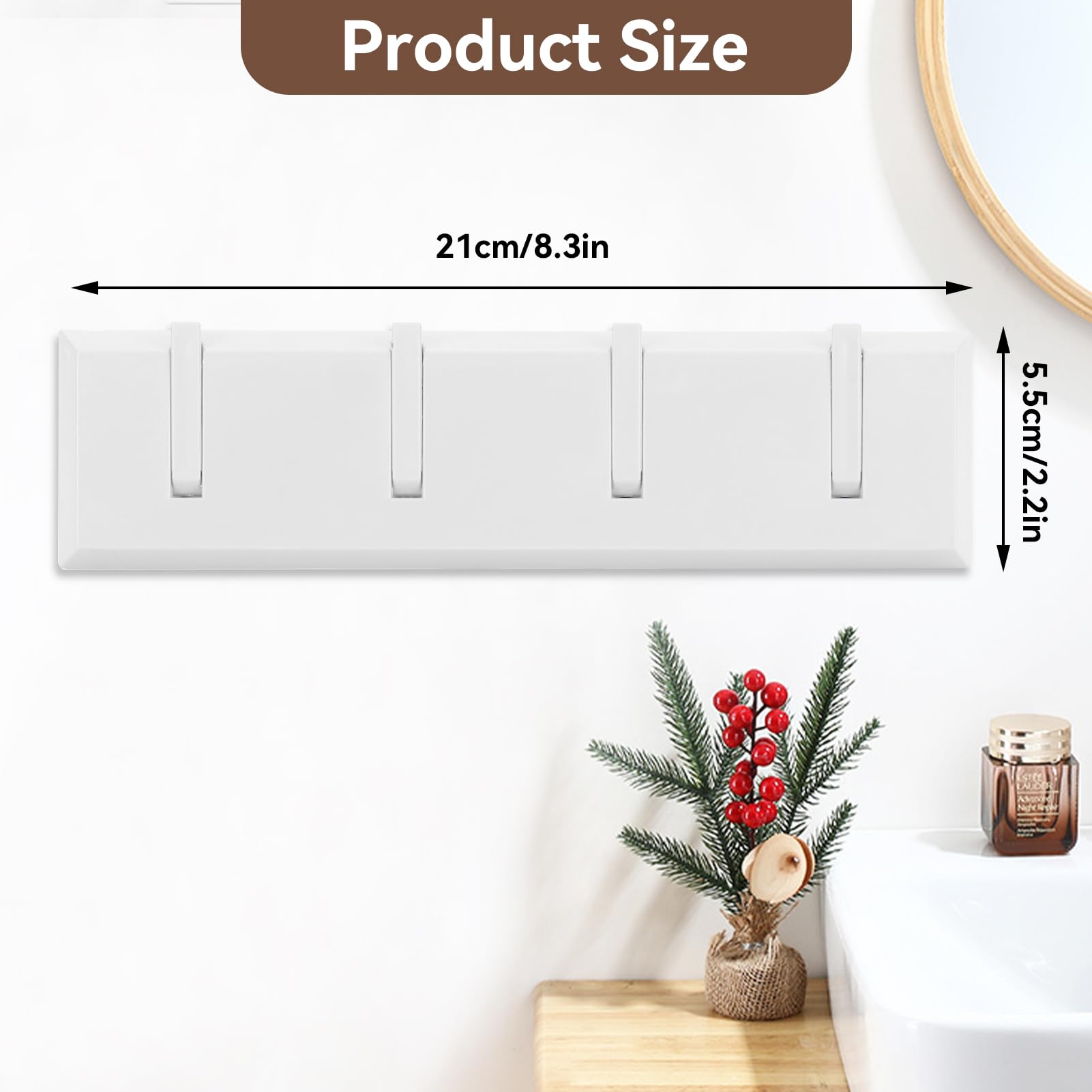 FULLINY Portachiavi Da Parete Con 4 Ganci Adesivi 3M - Acciaio Inox, Design Moderno 25,9x4,6 Cm, Senza Fori, Facile Da Installare - 3