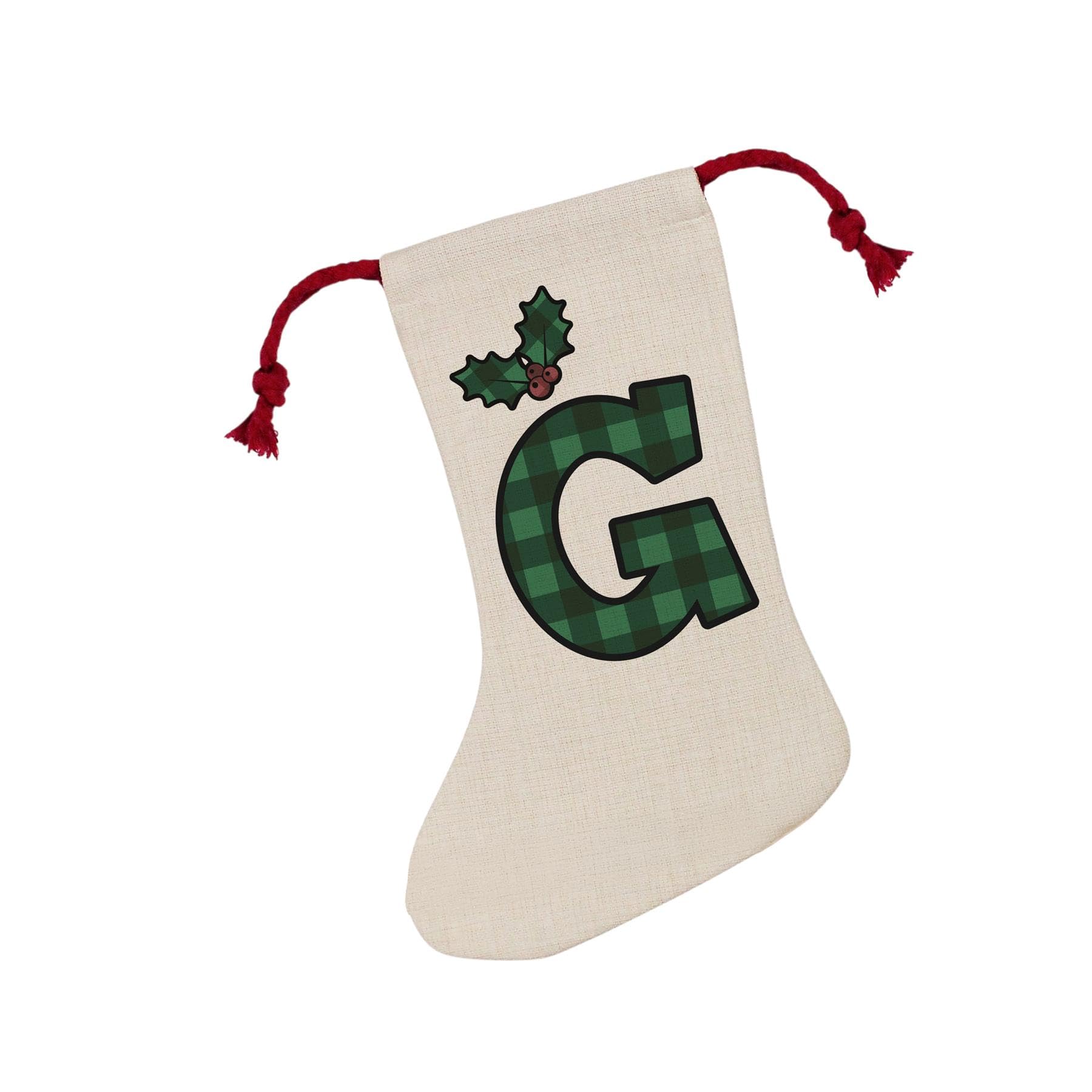 Purely Home Green Tartan Alphabet Letter G Stocking - Novelty Initial Xmas Gift Linen-Style With Red Drawstring Ties