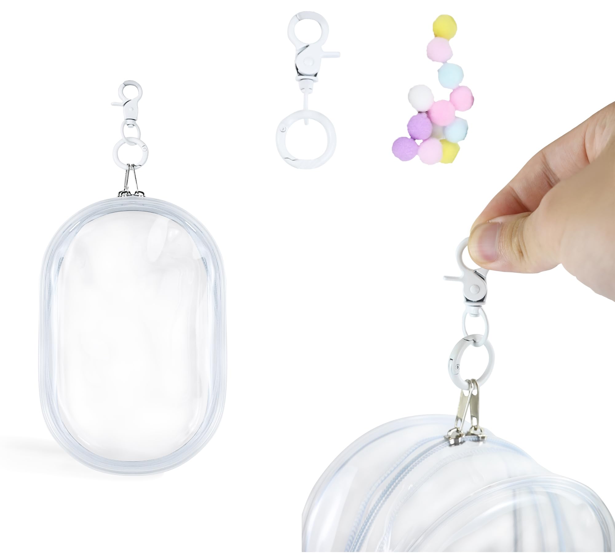 zimois Clear Bag with Keychain Plush Doll,Clear Collectibles Plastic PVC Storage Box,Dustproof Scratch-Resistant(ONLY CASE), White, Large