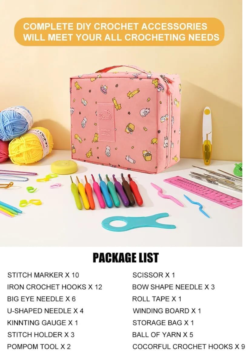 ActivPro 59 Pcs Crochet Kits for Beginners Ergonomic Metal Crochet Hook Set Knitting Starter Wool Needles Storage Bag Adults Accessories, Small