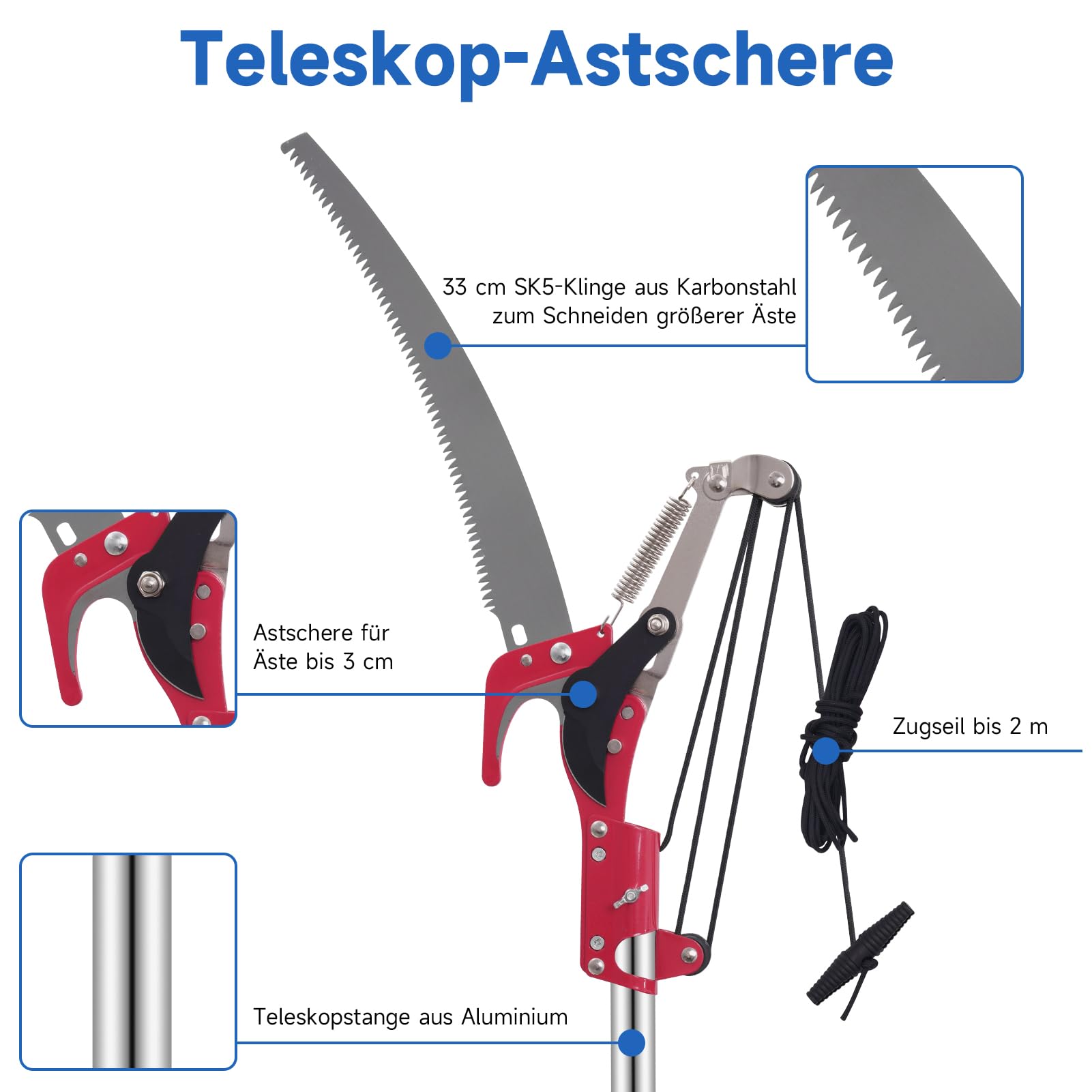 Astschere Teleskop, 82-410cm Teleskop Astschere, mit Teleskopstiel, Einstellbare Länge Seilzug Gartensäge Baumsäge, Leichter Edelstahl Teleskopsäge Hochentaster, Manuell Baumschere für hohe Äst