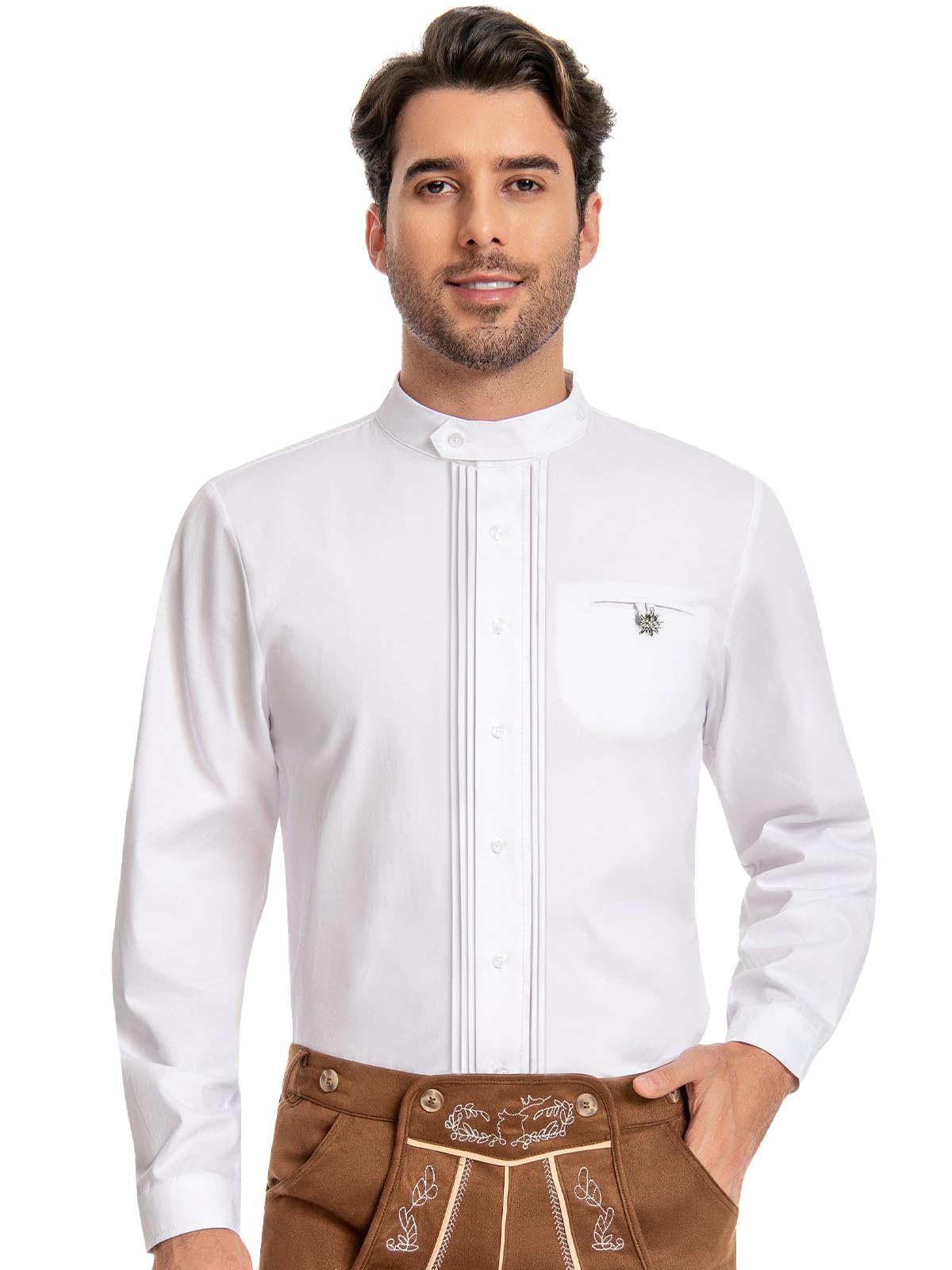Trachtenhemd Herren 100% Baumwolle Oktoberfest Outfit Trachtenhemden Weiß | Trachten Hemd mit Tasche Edelweiß Brosche Stehkragen Langarm Elegante Falten Ärmel Hochkrempeln für Bayrisches Feste