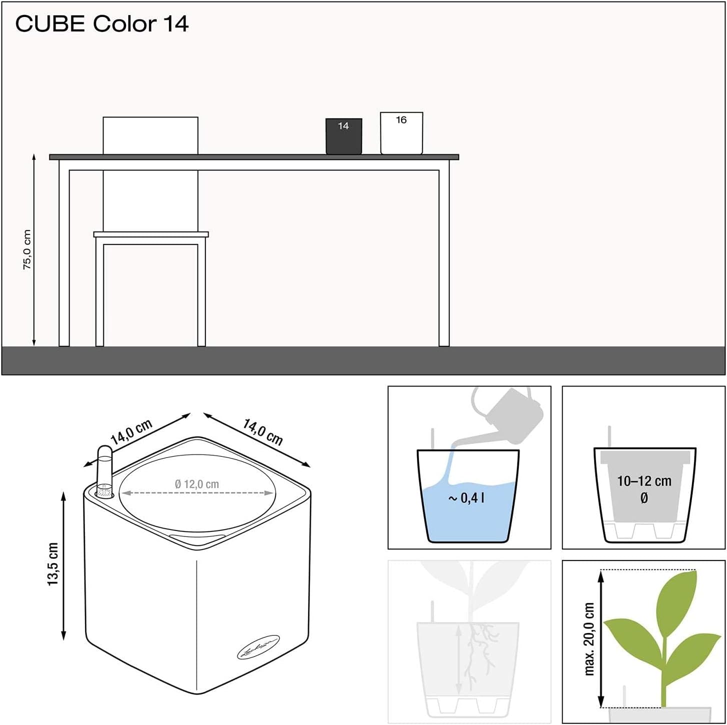 Lechuza Cube Color 14 Sand Brown, Self-Watering Indoor Small Plant Pot, H5.5 L5.5 W5.5 in