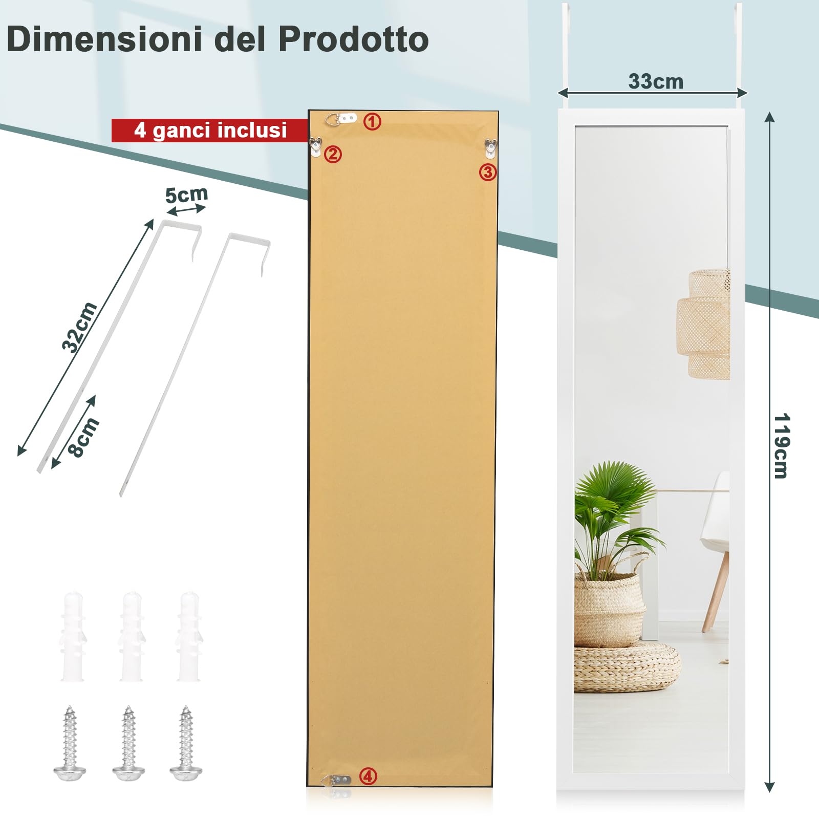 GYMAX Specchio da Parete a Figura, 119 x 33 cm, con Ganci Antiruggine e Adesivi, Specchio Verticale da Porta Antinfortunistico per Camera da Letto Soggiorno Spogliatoio (Bianco)