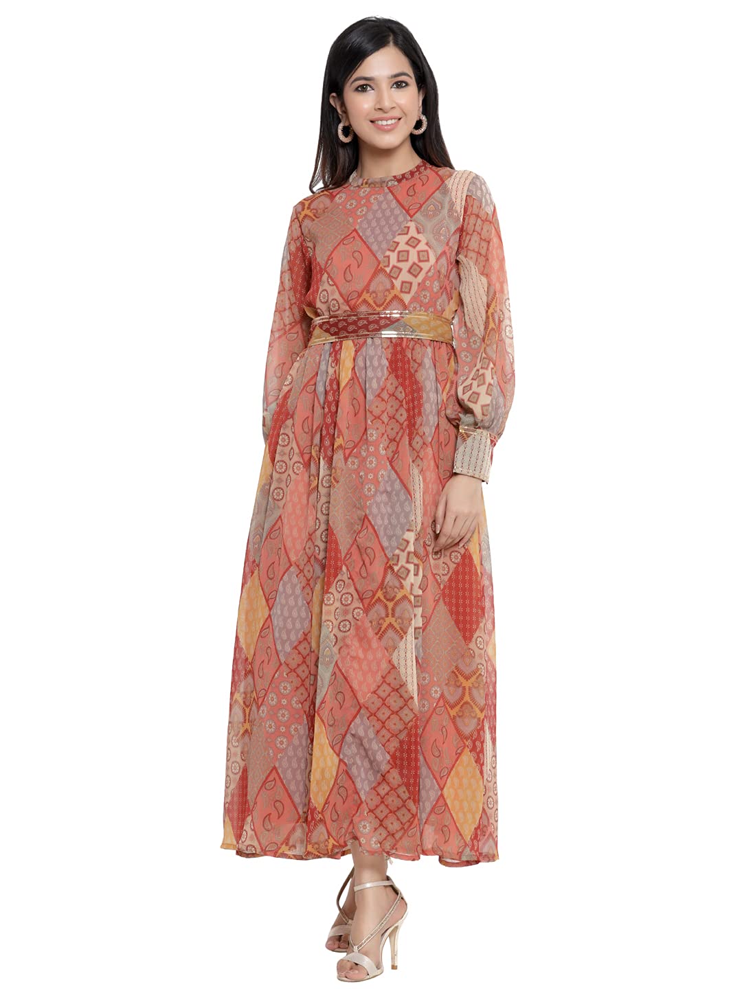 JuniperMulti Chiffon Printed Flared Dress with Belt Multicolour