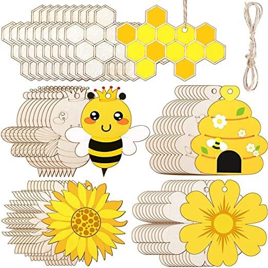 Cliths Pack of 20 Pieces Unfinished Wooden Cutouts Bee Wood Slices Flower Unfinished Wood Cutouts Blank Wooden Paint Crafts for Kids Painting, DIY Crafts Home Decoration Craft Project
