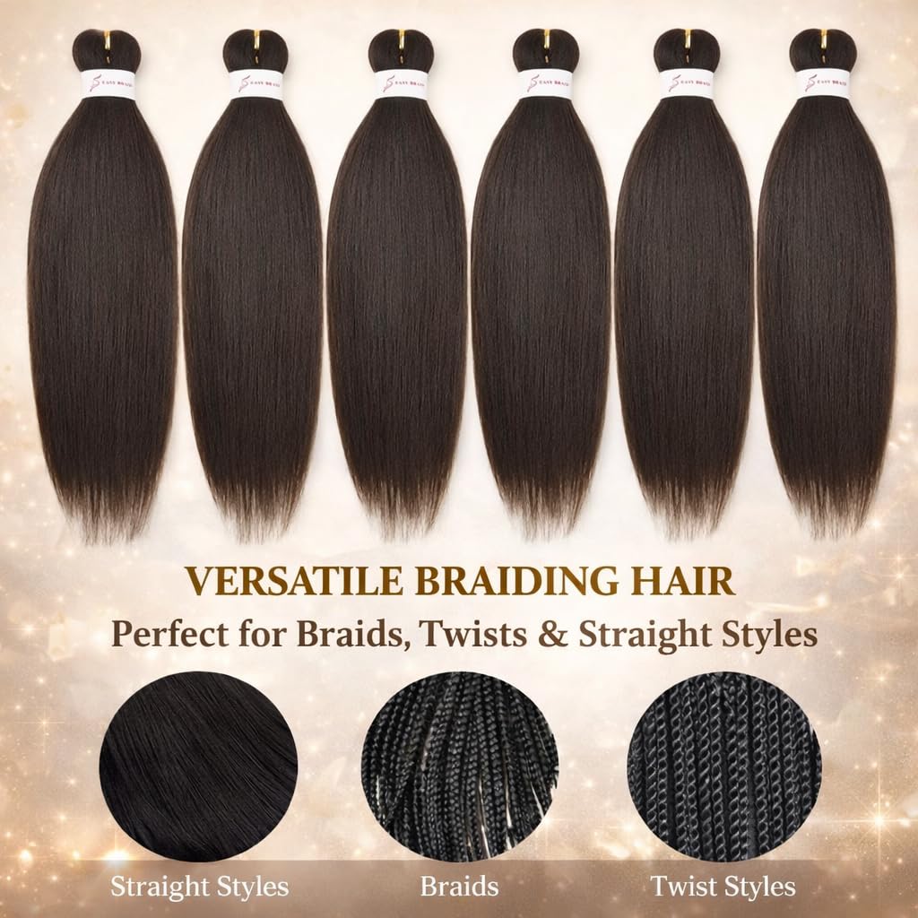 Braiding Hair, Pre Stretched 24 Inch Dark Brown 6 Packs - Itch-Free & Anti-Tangle Professional Pre Stretched Braiding Hair Extensions Soft Yaki Synthetic Crochet Braids(24Inch,4#).