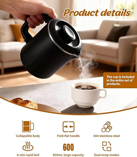 Miniatura 4 de Hervidor eléctrico portátil de viaje, hervidor de agua pequeño de 20.3 fl oz con taza de cerámica, caldera de agua de acero inoxidable 304 con doble