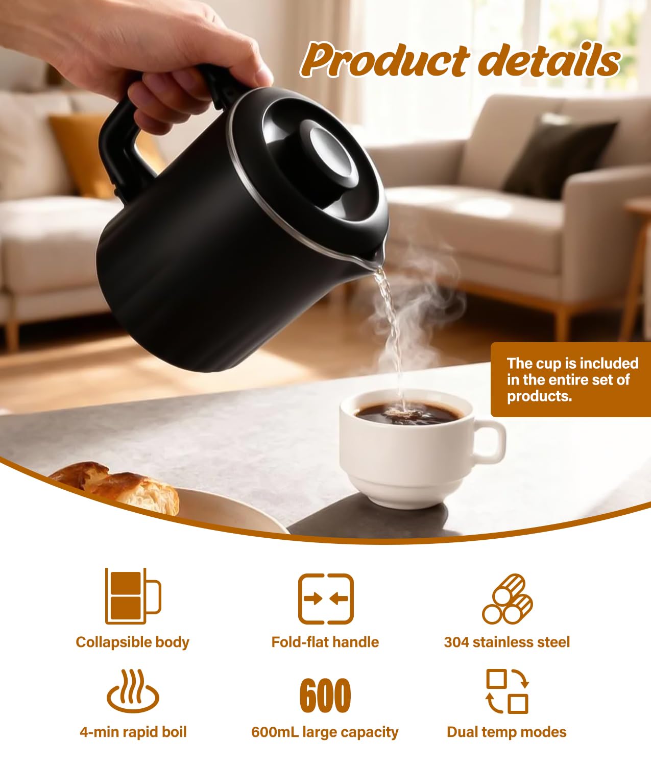 Bollitore elettrico portatile da viaggio, 600 ml, piccolo bollitore con tazza in ceramica, caldaia in acciaio inossidabile 304 con doppio controllo di potenza, design compatto per campeggio, camper