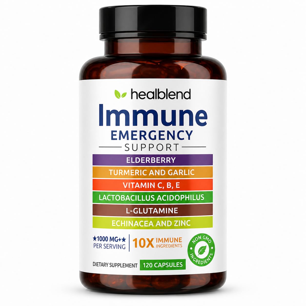 healblend Suplemento para a imunidade com equinácea, sabugueiro, cúrcuma, gengibre, zinco e Acidophilus 1.000 mg — 120 cápsulas