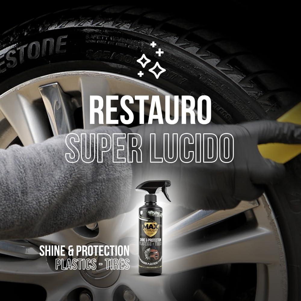 MAX DETAIL-LAB - Shine & Protection - Nero Gomme Auto Rinnova Plastiche, Lucida Ravviva Plastica, Restauratore Idratante Pneumatici, Kit Pulizia Professionale Prodotti Detailing Car Moto, 500ml