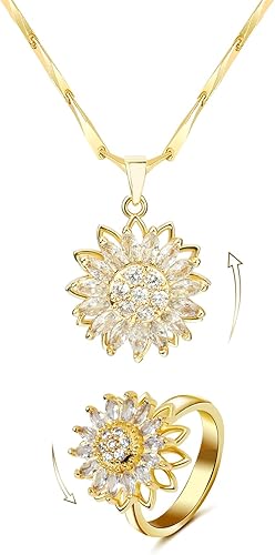Juego de collar y anillo de girasol giratorio para mujer, chapado en oro de 18 quilates, con circonita cúbica, ajustable, alivio de la ansiedad,