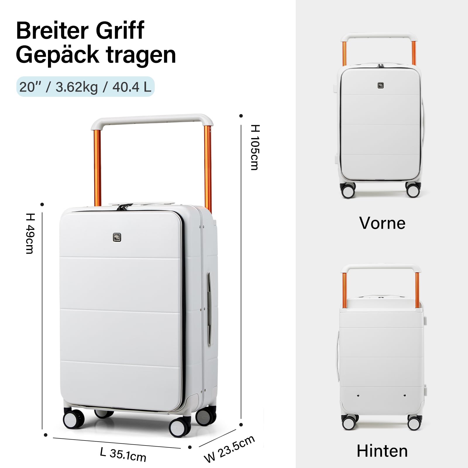 Hanke Handgepäck Koffer Breiter Griff mit 360°-Spinnerrändern Frontöffnung Koffer mit TSA-Schloss PC & Aluminium Hartschalenkoffer 49cm(46L), Rauchweiß
