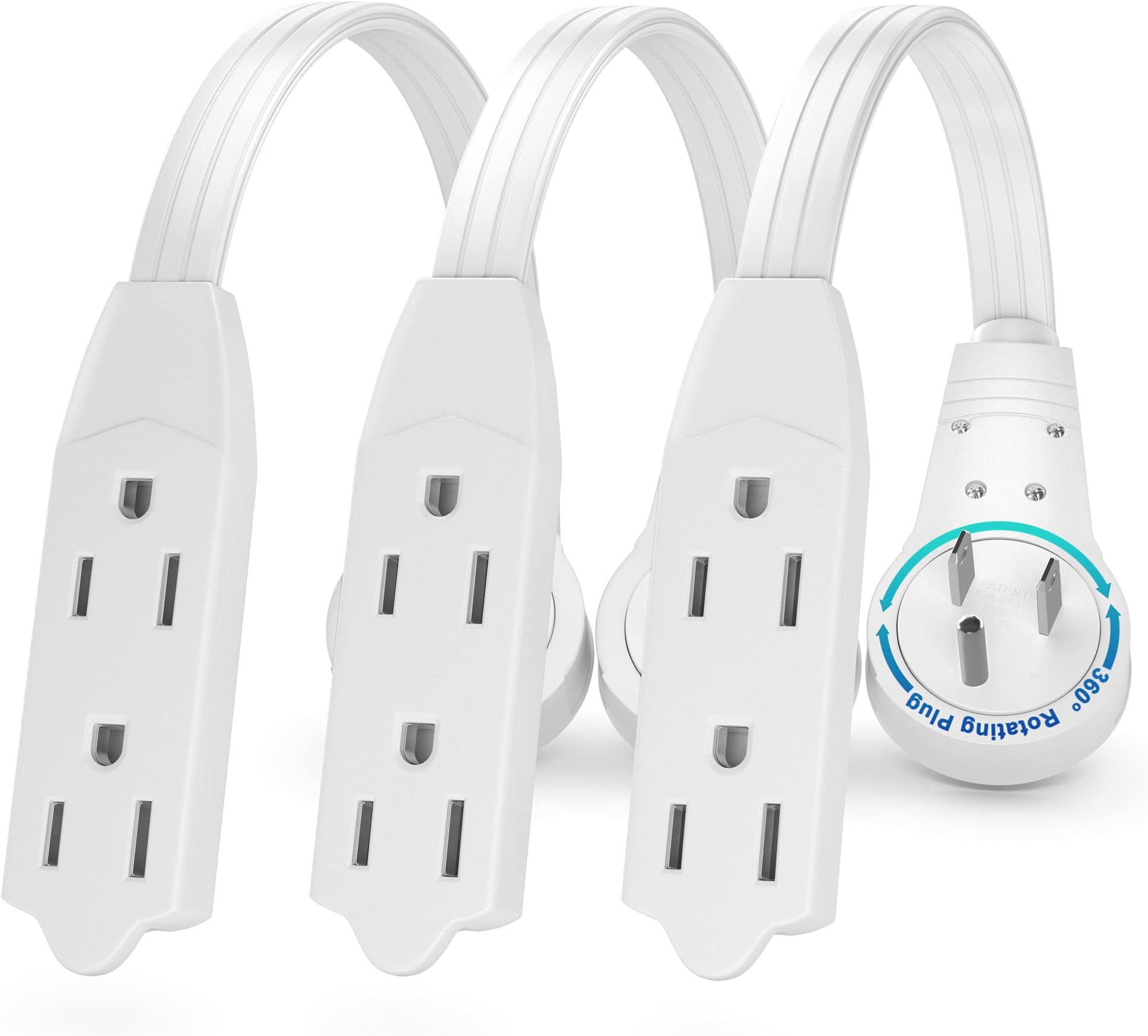 Maximm Cable 0.5 Ft 360° Rotating Flat Plug Extension Cord/Wire, 16/3 AWG Multi 3 Outlet 3-Prong Grounded Wire- White - 3 Pack - UL Certified