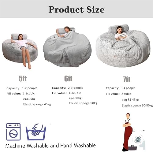 Miniatura 12 de Puf gigante de 7 pies, funda de puf de piel gigante, puf de almacenamiento, silla de puf de piel suave y esponjosa, portátil, para sala de estar,