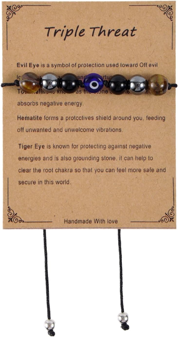 Evil Eye Bracelet, Adjustable Triple Threat Protection Bracelet Natural Stone Good Luck Jewelry for Anxiety Relief Women & Men Jewelry Gifts