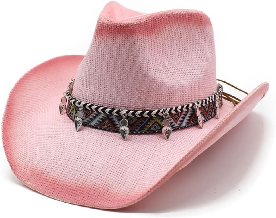 Western Cowboy Hat, Pink Straw, Decorative Tribal Band with Metal Accents