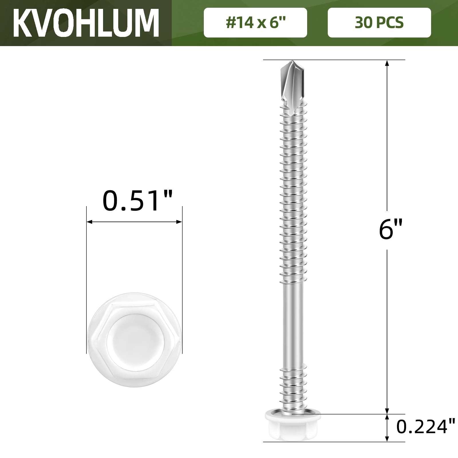 #14 x 6 (30 piezas) Tornillos de chapa de cabeza blanca, tornillo autoperforante de cabeza hexagonal con arandela, tornillos autorroscantes rápidos con brida, enchufe hexagonal incluido