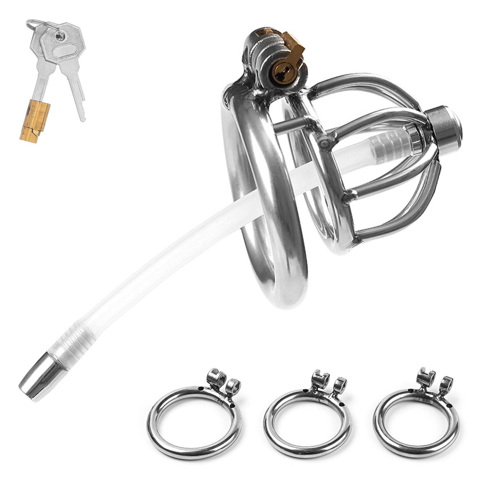 BDSMYOU Gabbia di Castità per Uomo,Gabbia per Pene in Acciaio Inossidabile con Dilatatore Uretrale e 3 Anelli per Testicoli,Chastity Cage in Metallo Cintura di Castità,Sex Toys Uomo (A)