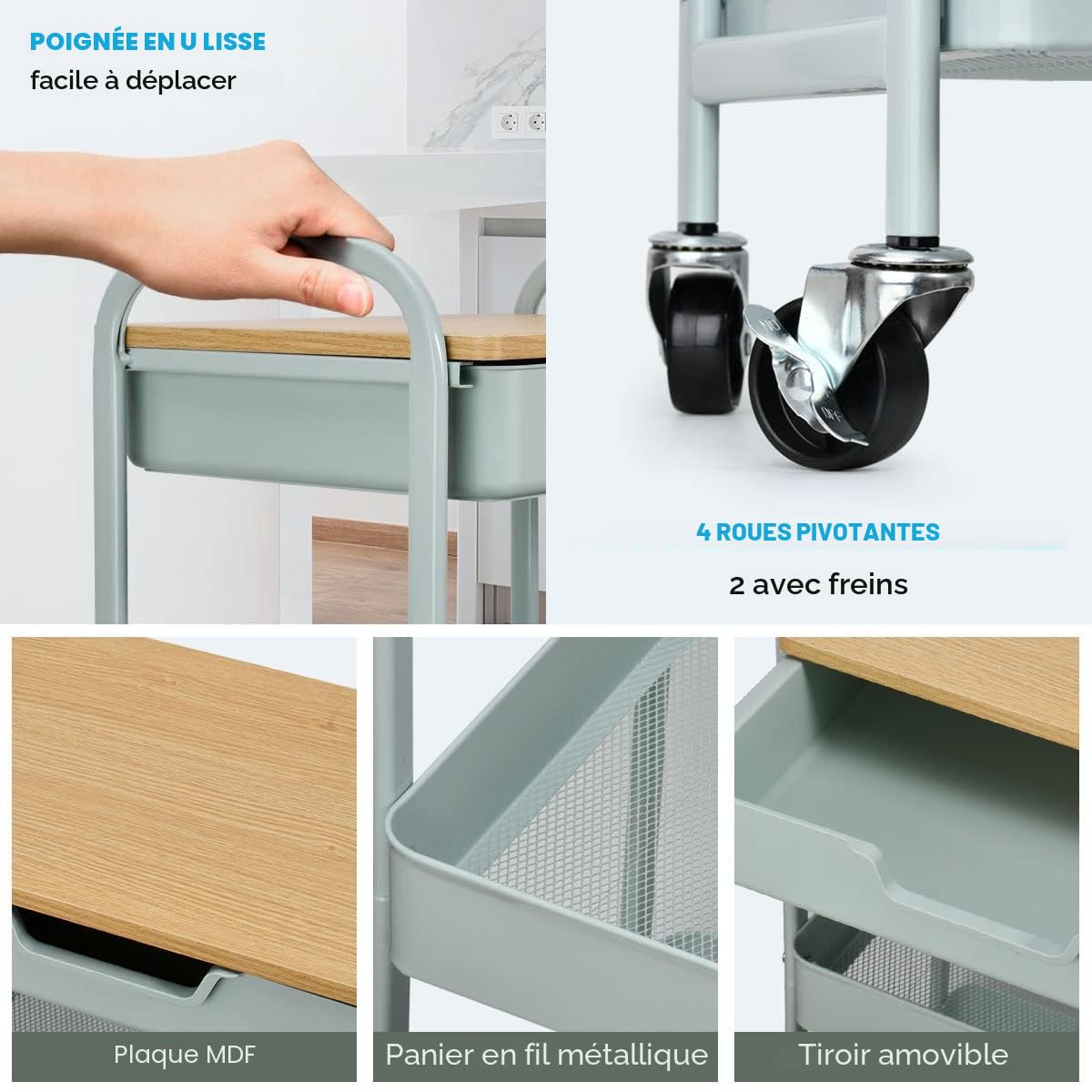Chariot de Rangement à 3 Niveaux avec et roulettes et Tiroir Desserte Meuble Organisation pour Bureau D'atelier et Cuisine Lessive Salle de Bain (Vert)
