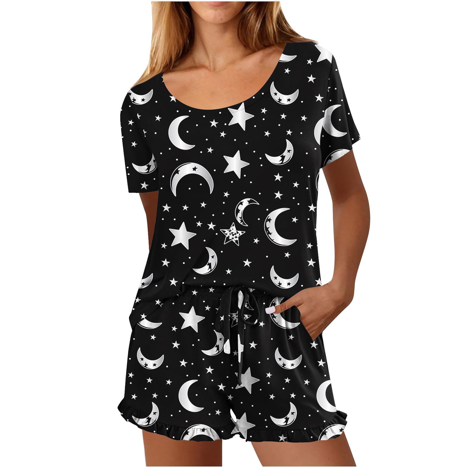 Pajamas Set for Women 2 Piece Short Sleeve Crewneck Tops Ruffle Shorts Sleepwear Comfy Cute Lounge Sets with