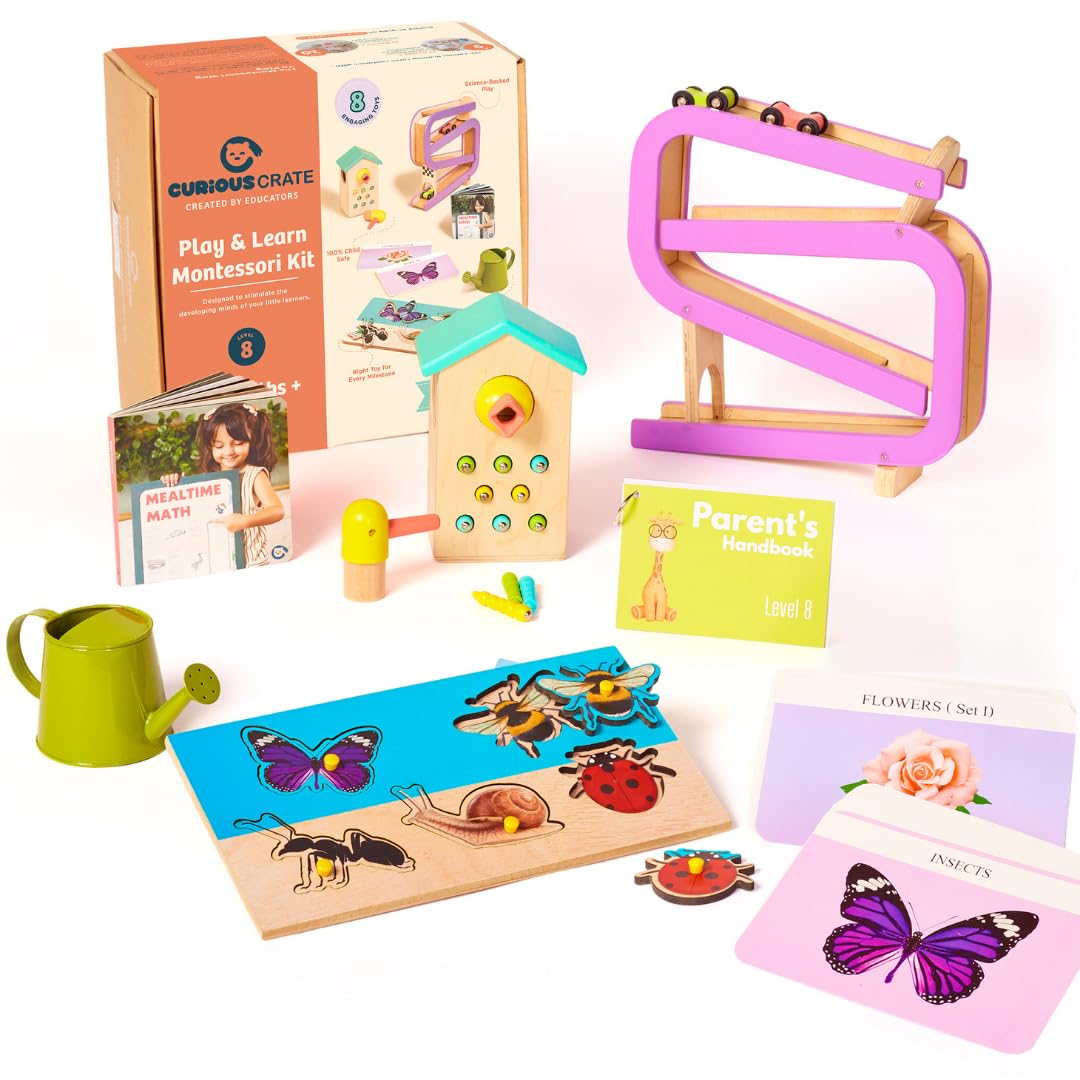 Wooden Montessori Toys Box for Toddlers | 7 in 1 Learning Educational Toys – Magnetic Bird Feeder, Car Ramp, Watering Can, Wooden Puzzle & More | Developmental Toy Set for 17-19 Months