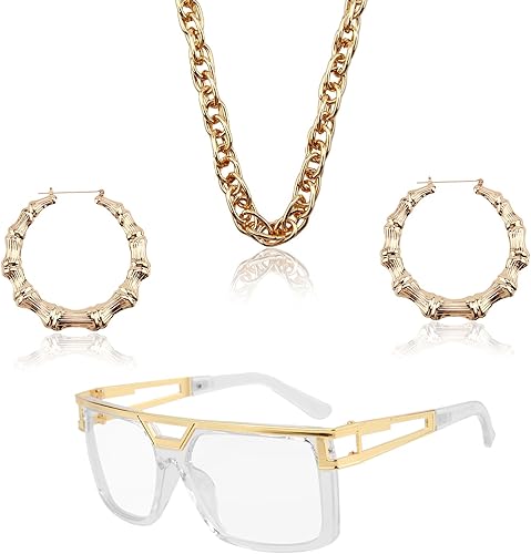 Miniatura 4 de Trajes de los años 90 para mujer, kit de disfraz de hip hop de los años 80, accesorios de joyería de rapero de la vieja escuela, lentes de sol,