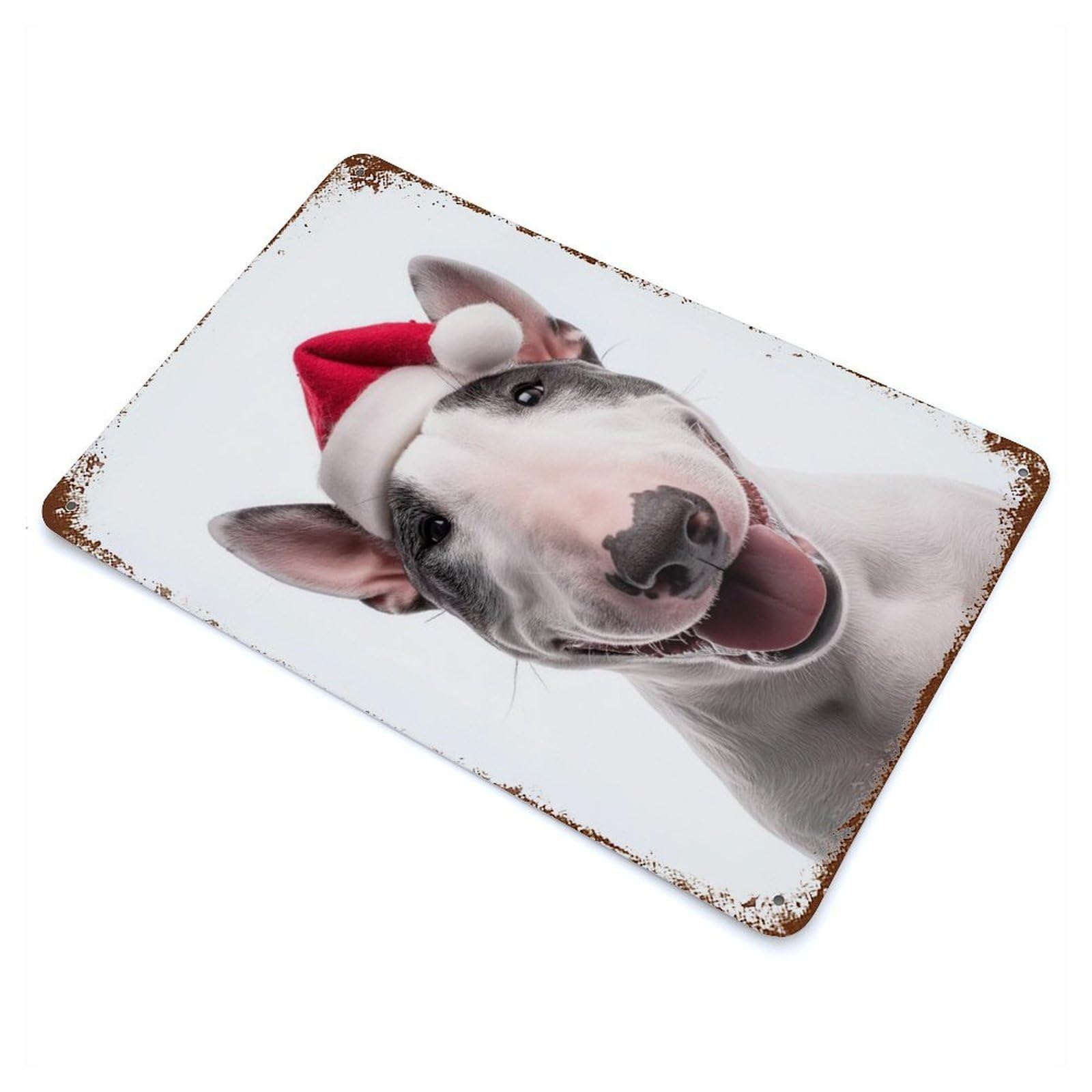 Rusty Metal Tin Sign Bull Terrier Dog with Santa Hat 11.8"x7.9", Industrial Home Decor for Patio, Garden Room And Bar Decor
