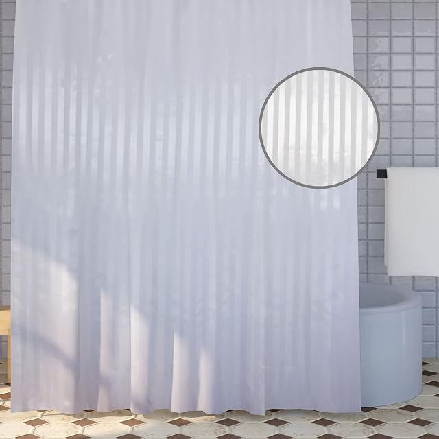 YISURE Extra Long Shower Curtain 200cm Drop, White Satin Stripe Polyester Fabric Shower Curtains, Wet Room Water-repellent Shower Curtain 180 x200cm