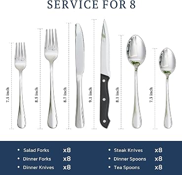 Astercook Silverware Set 48-Piece Flatware with Steak Knives Food-Grade Stainless Steel Cutlery for 8 Mirror Polished Utensils Set Include Spoons and Forks for Home Kitchen Restaurant