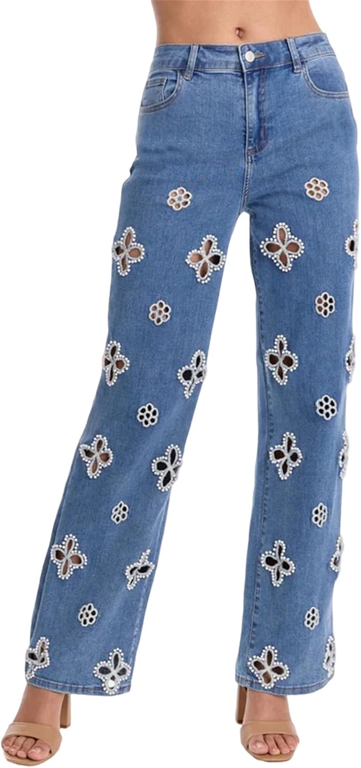 Unybwonn Straight Leg Jeans for Women High Waisted Wide Leg Hollow Rhinestone Floral Denim Pants Pearl Glitter Trousers