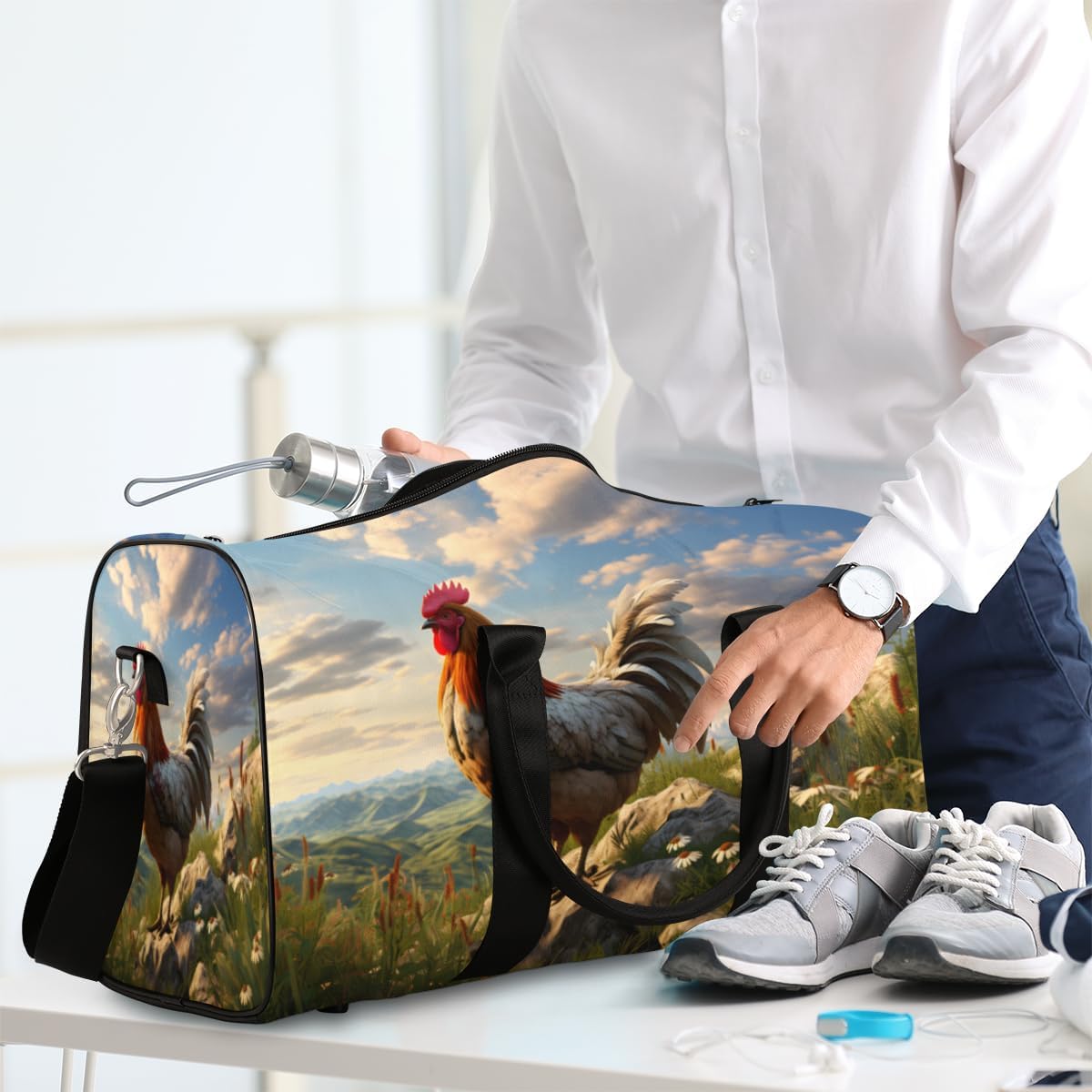 Mountain Flower Grass Rooster Travel Duffel Bag for Women Men Large Capacity Overnight Weekender Bags for Lightweight Waterproof Sport Gym Bag for Workout Yoga Swim