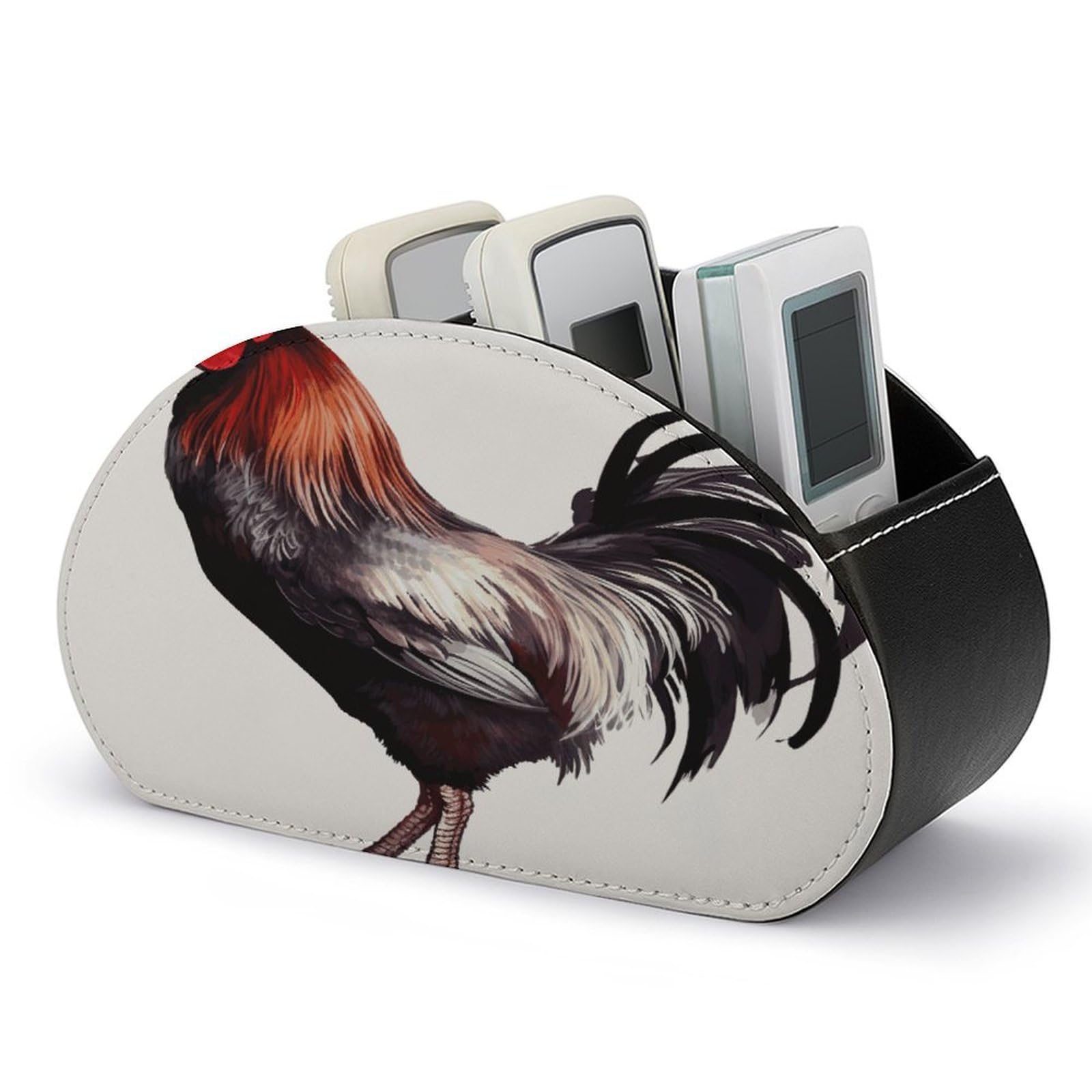 LDGSUPH Rooster Remote Control Holder with 5 Compartments PU Leather TV Remote Caddy Storage Box Multi-functional Desk Storage Organizer Box Anti-slip Desktop Caddy