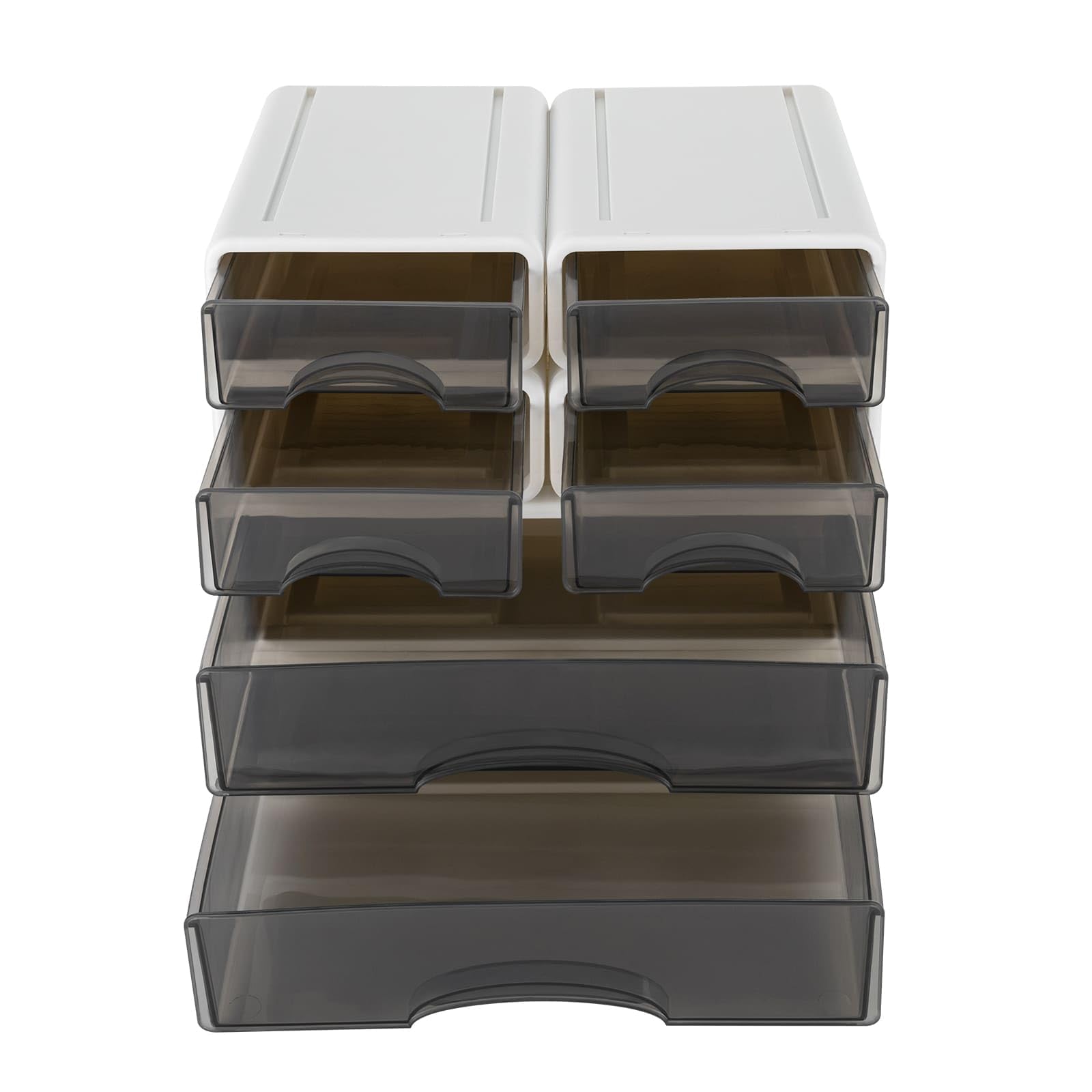 Lot de 6 Organiseurs de bureau en plastique avec tiroirs, Boîtes de Rangement Empilable à Volonté, 25P x 34L x 33H cm, Pour Documents, Fournitures de bureau, Clés, Crayons (Blanc)