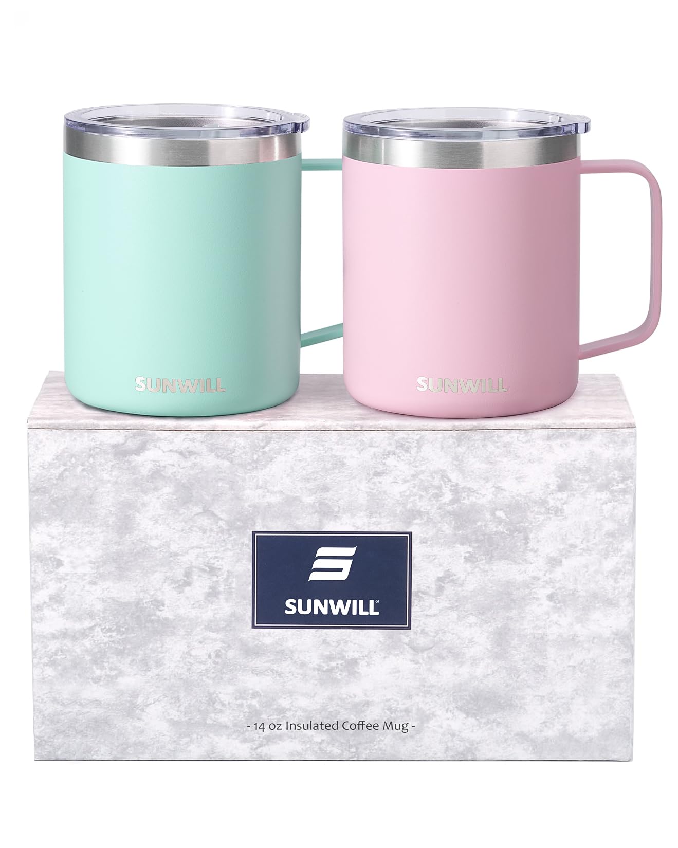 SUNWILL Travel Coffee Mug with Lid, Insulated Tumbler with Handle, 14 oz Stainless Steel Cup Set for Camping, Outdoor, Powder Coated Sakura & Mint 2 Pack