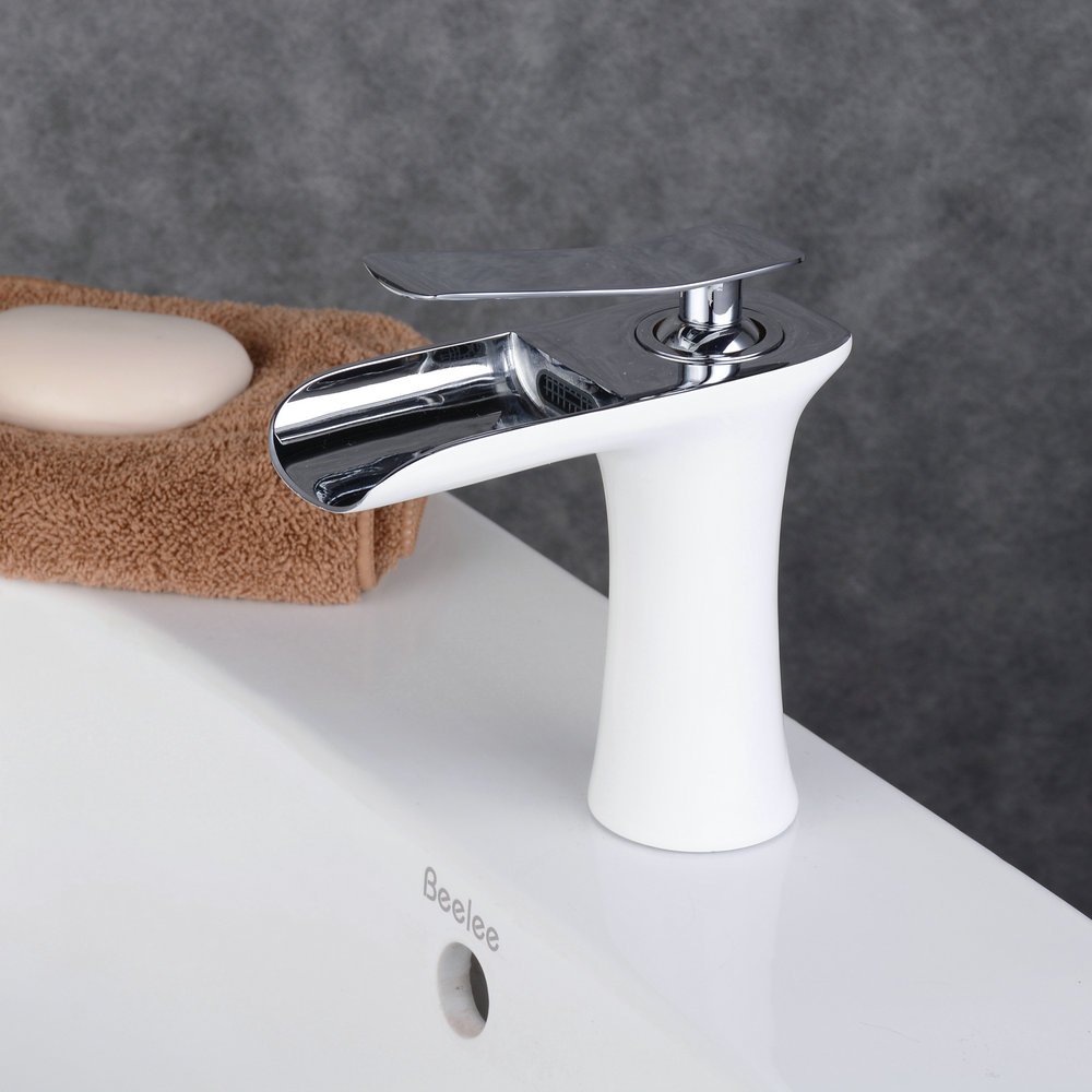Grifo Cascada Monomando, Grifo de Lavabo Baño, Agua Fria y Caliente Disponible, Pintura blanca y cromo, Beelee BL9009W