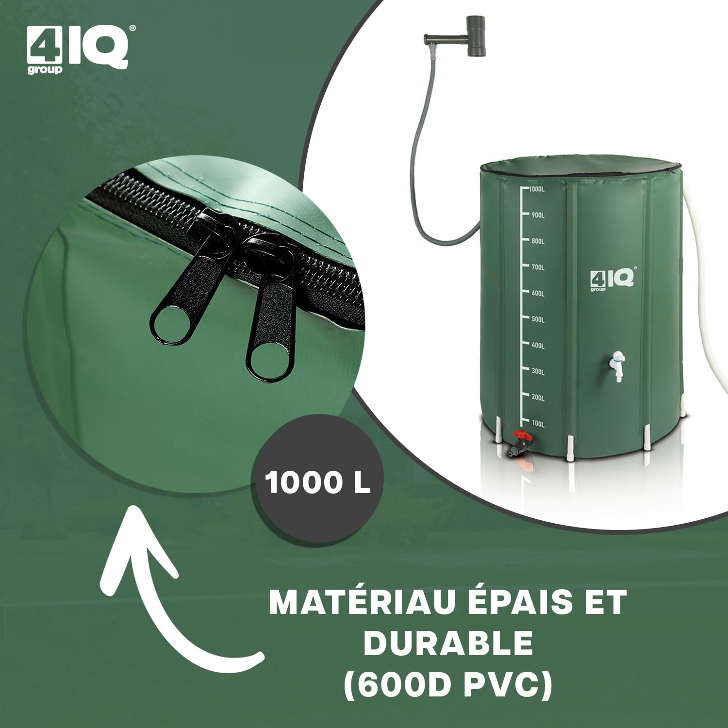 4IQ Réservoir Eau de Pluie 1000L – Récupérateur d’Eau Résistant aux Intempéries – Réservoir de Jardin avec Système Complet de Prélèvement