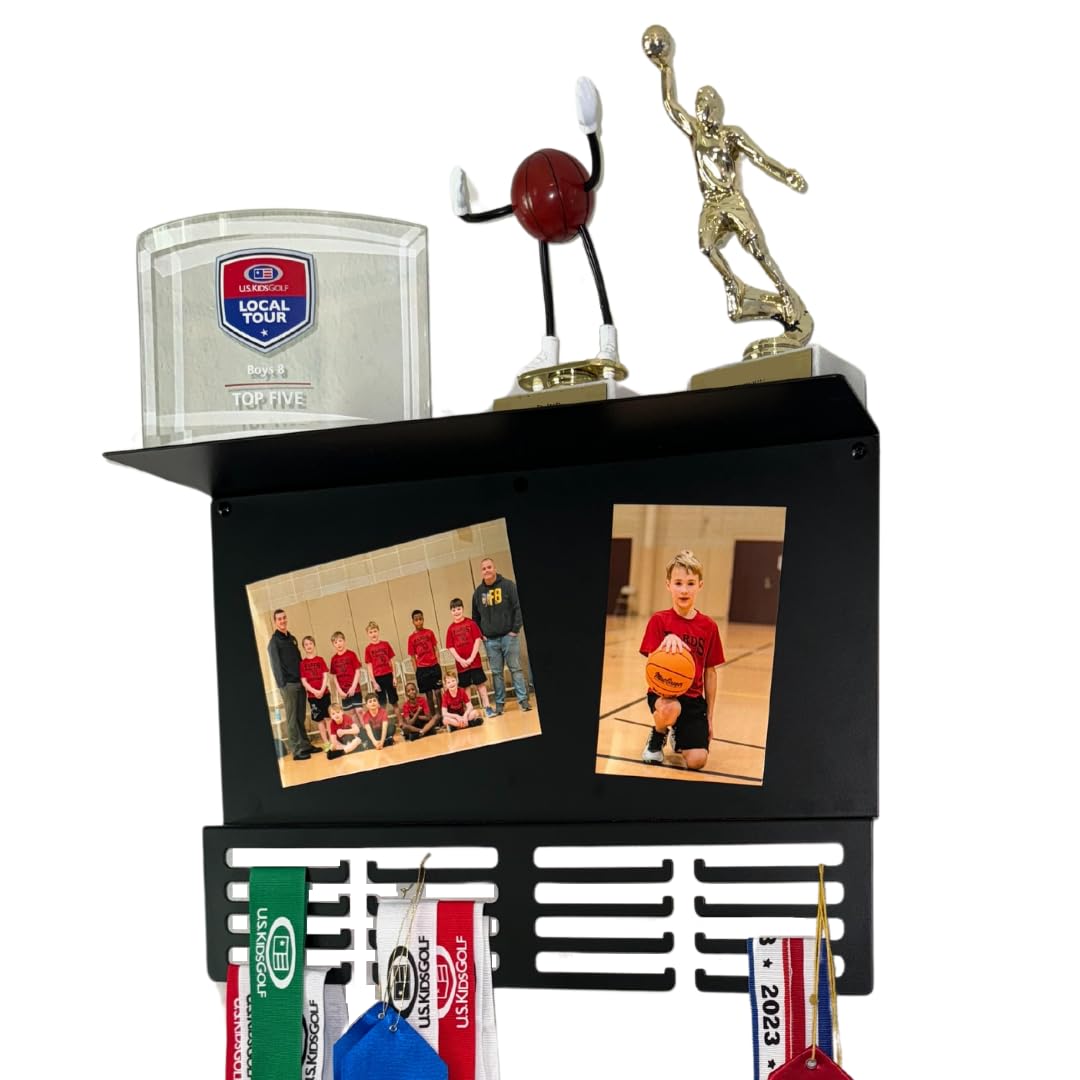 Medal Hanger Display with Trophy Shelf | 16.5" Premium Medal Holder for Wall | Metal Display Hanger | Magnetic Photo and Memorabilia Medals Display Area | Kids Medal Display for 48+ | Perfect for Gift